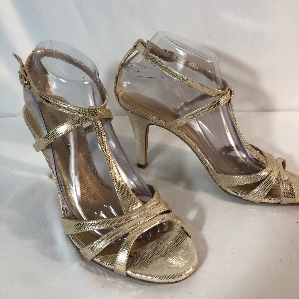 ANTONIO MELANI Gold Leather Heels Size 9M-great prom shoe!